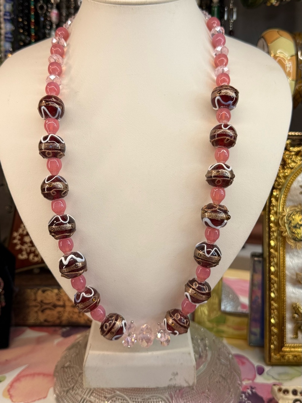 Vintage Cupcake Beads Handcrafted Pink and Brown Glass Bead Necklace